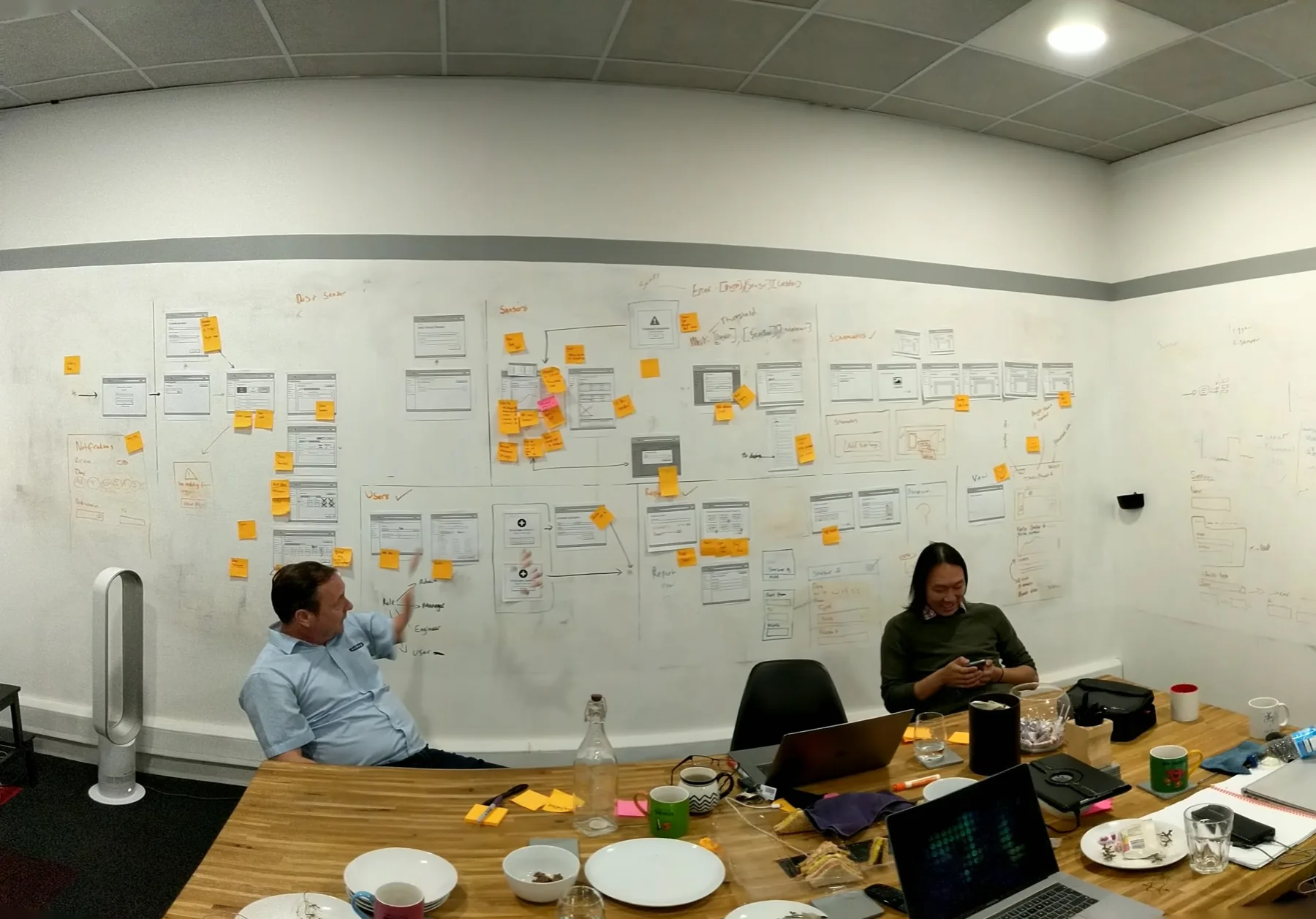 A meeting room surrounded by a service map, with participants discussing the work